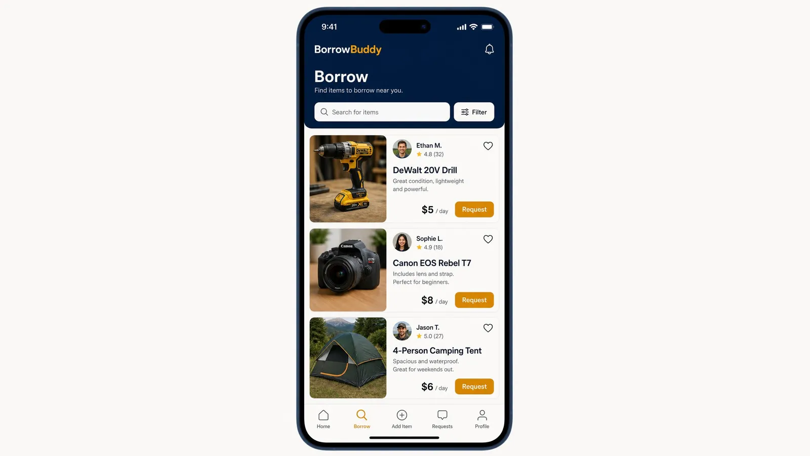BorrowBuddy Borrow screen listing a drill, a camera and a camping tent with Request buttons