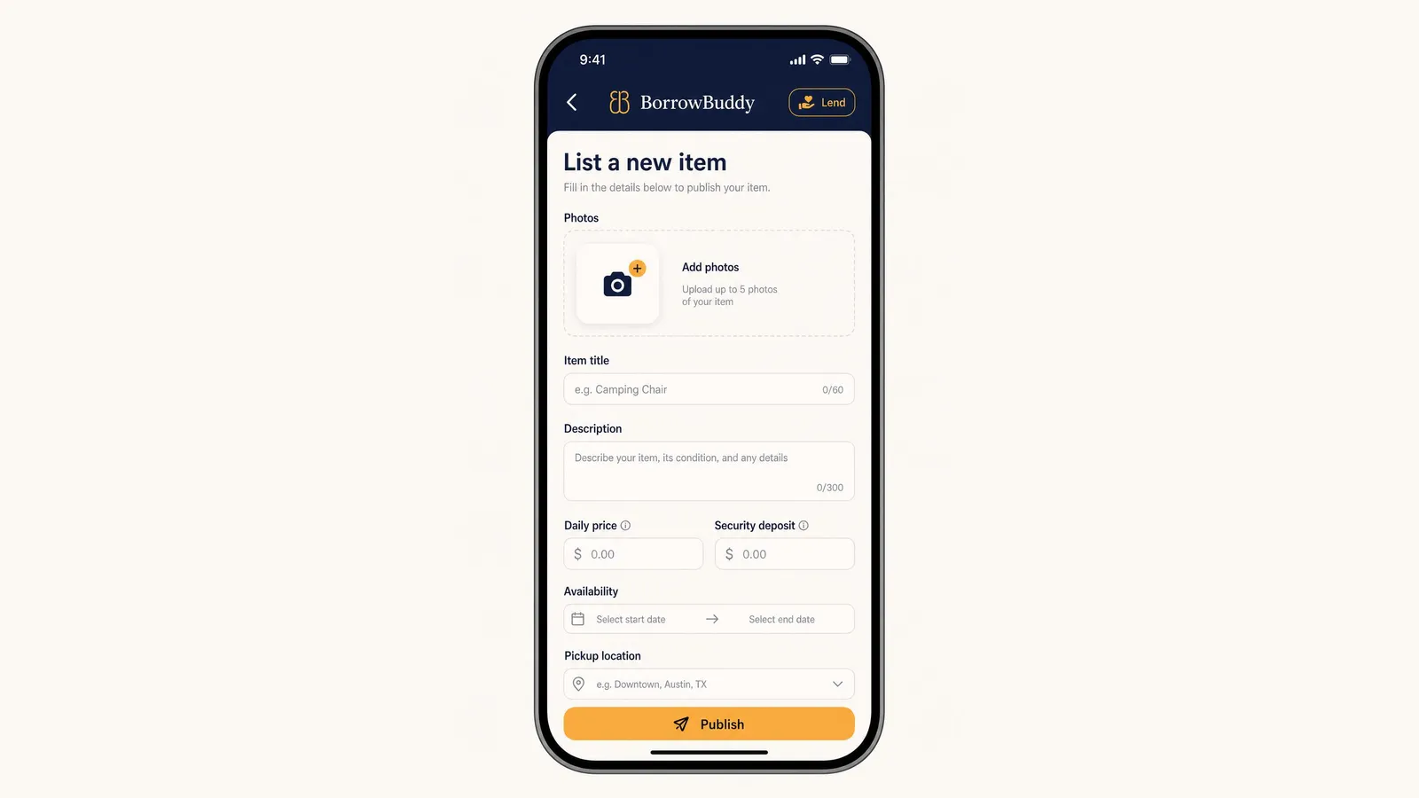 BorrowBuddy List a new item screen with photos, title, description, daily price and deposit fields