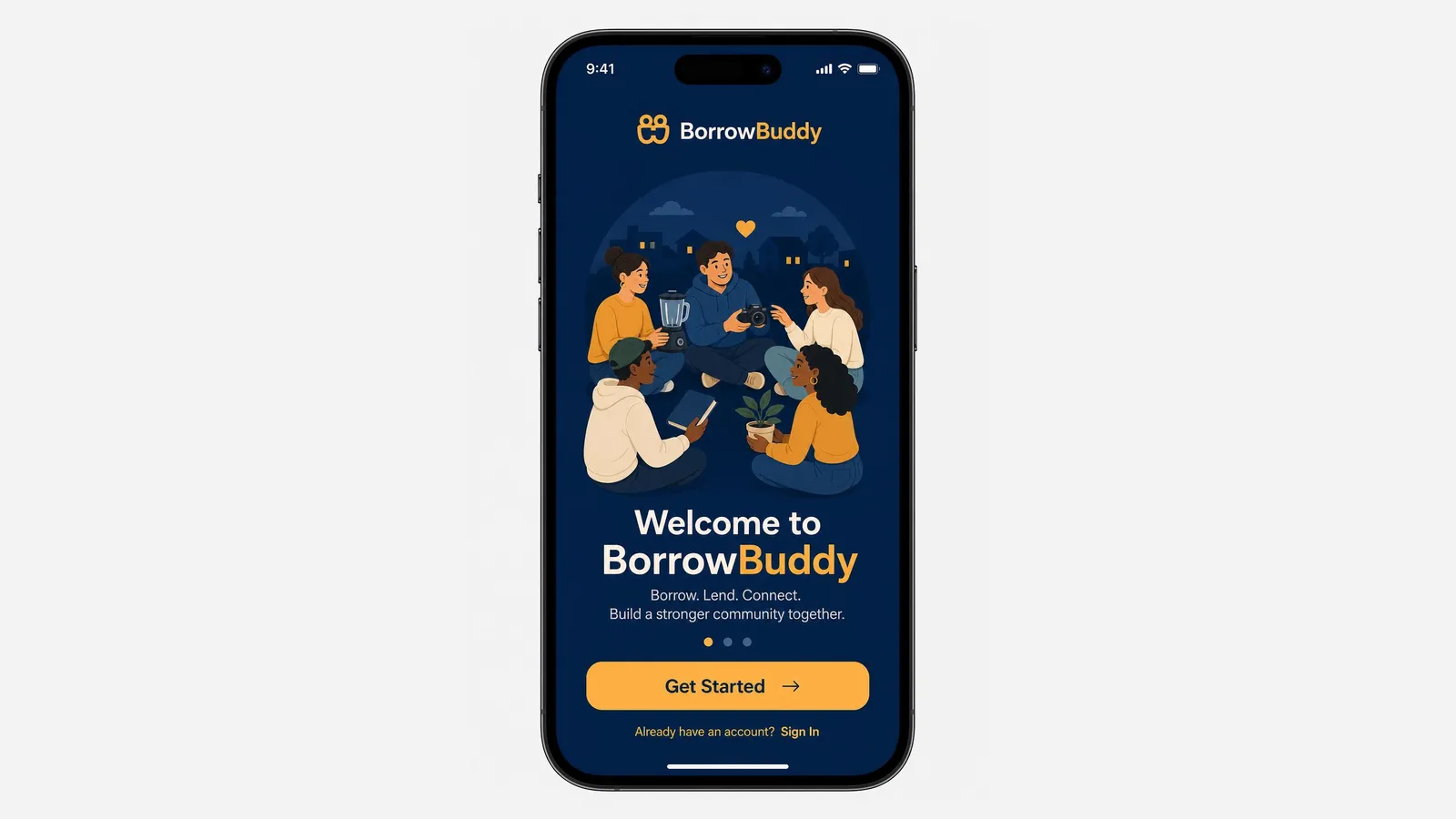 BorrowBuddy app welcome screen with Get Started and Sign In buttons
