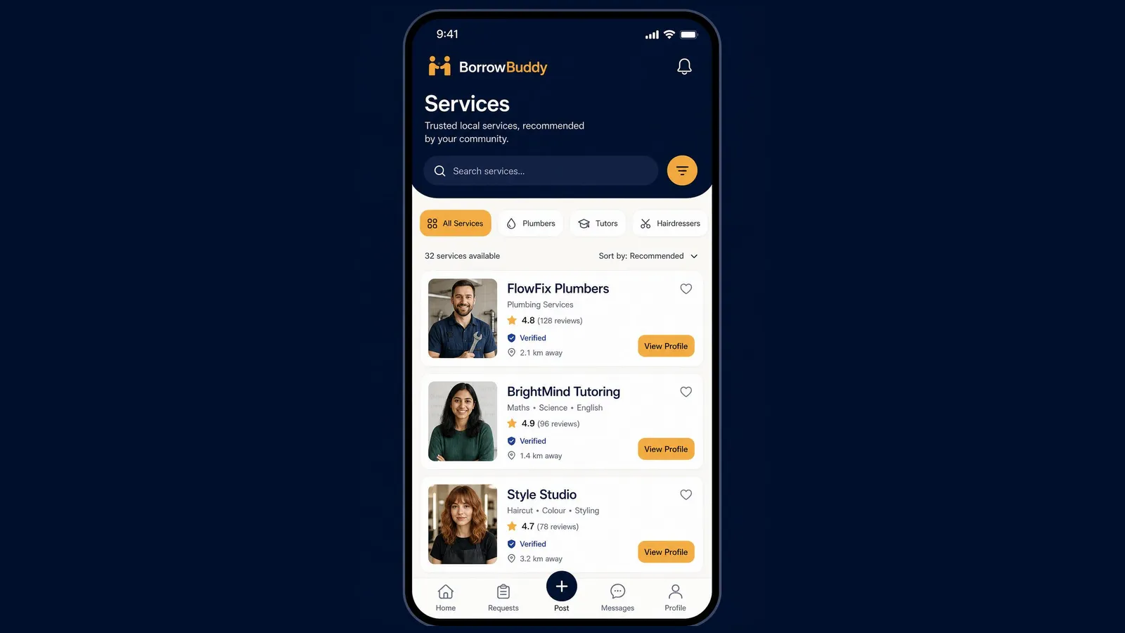 BorrowBuddy Services screen with verified plumbers, tutors and hairdressers and their ratings