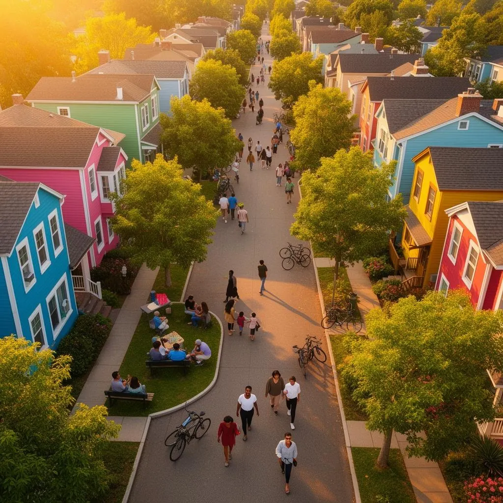 A tree-lined American neighborhood street where many newcomer families settle