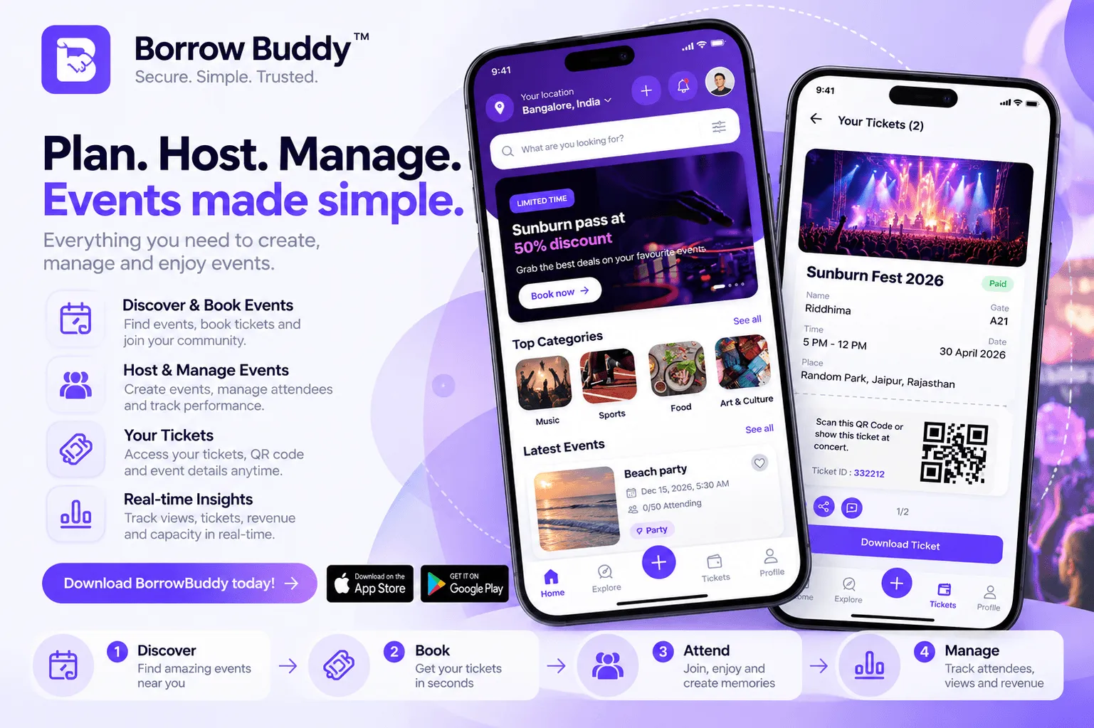 Events — Plan, Host, Manage screen of BorrowBuddy Nexus