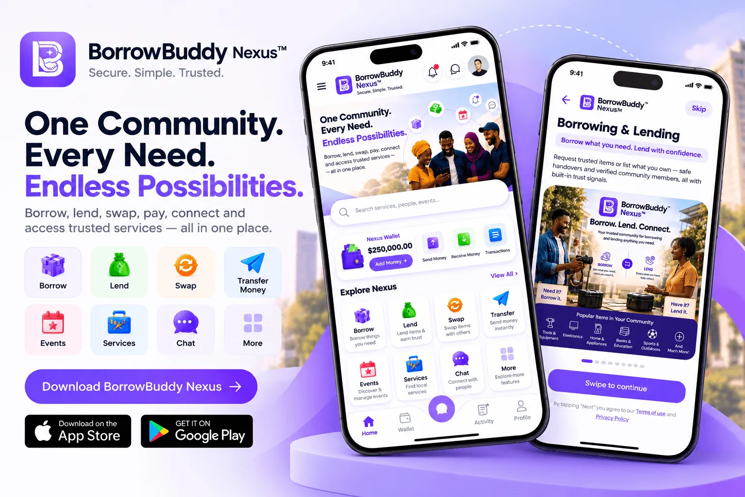 Onboarding & Home screen of BorrowBuddy Nexus