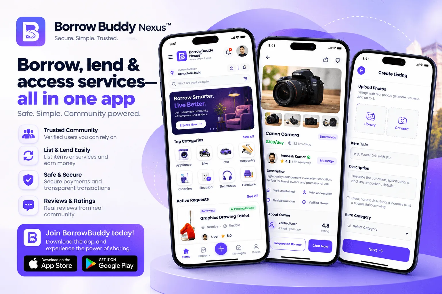 Borrow, Lend & Services screen of BorrowBuddy Nexus