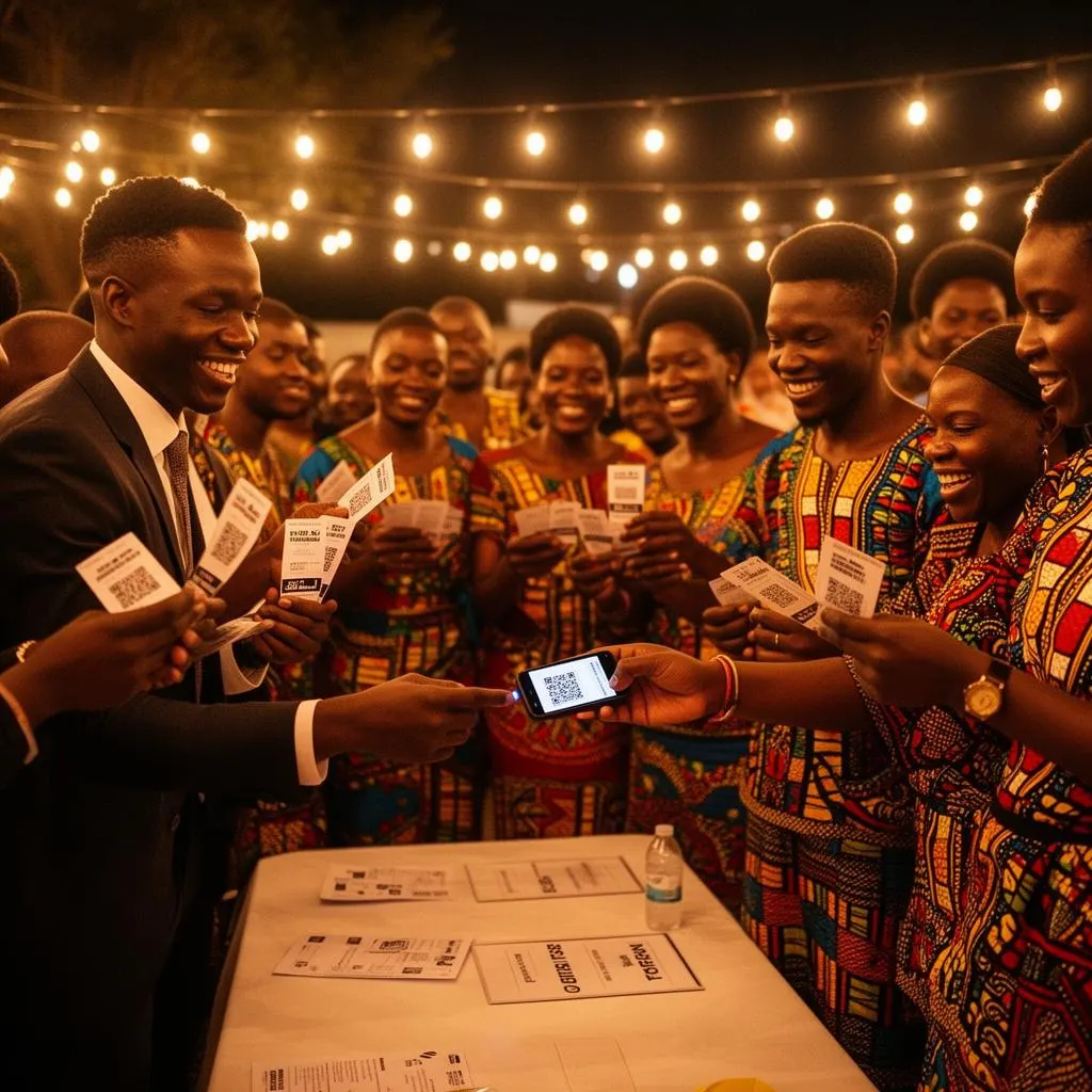 Guests in African print outfits checking in with tickets at an evening celebration