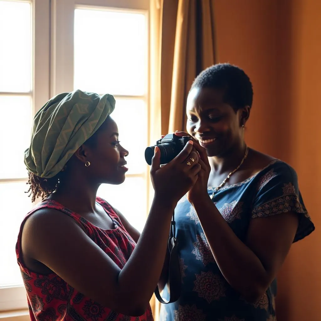 A woman trying out a camera she is borrowing from a friend