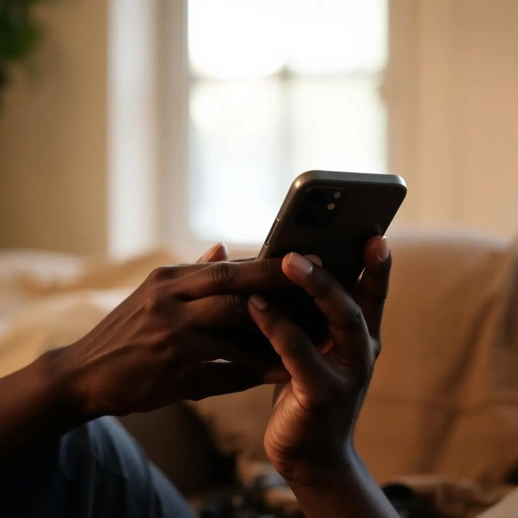 Hands holding a smartphone while confirming a peer-to-peer payment