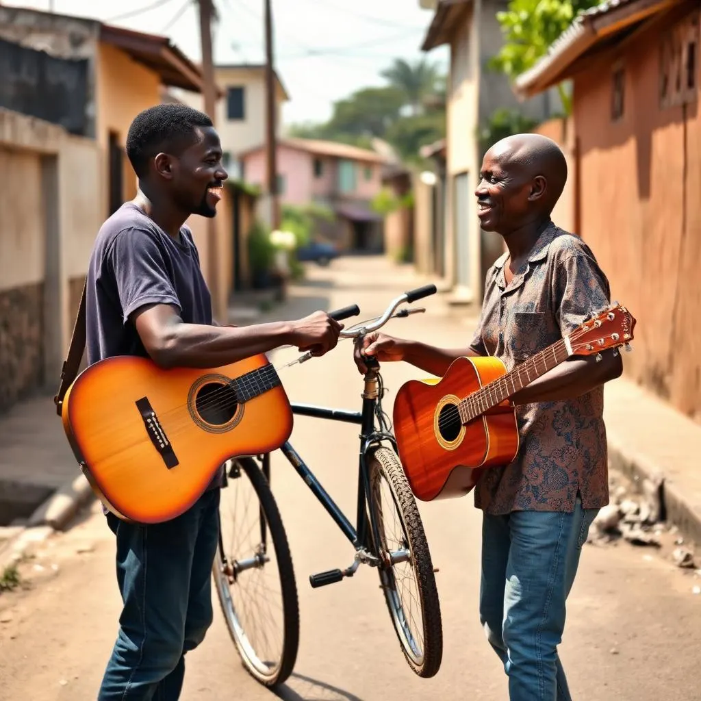 Two neighbors swapping a guitar for a bicycle on a quiet street