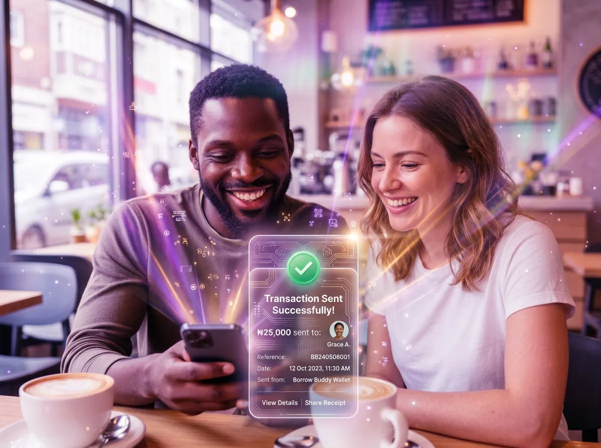 Two friends confirming a protected payment on their phones — an escrow app for peer to peer payments alternative