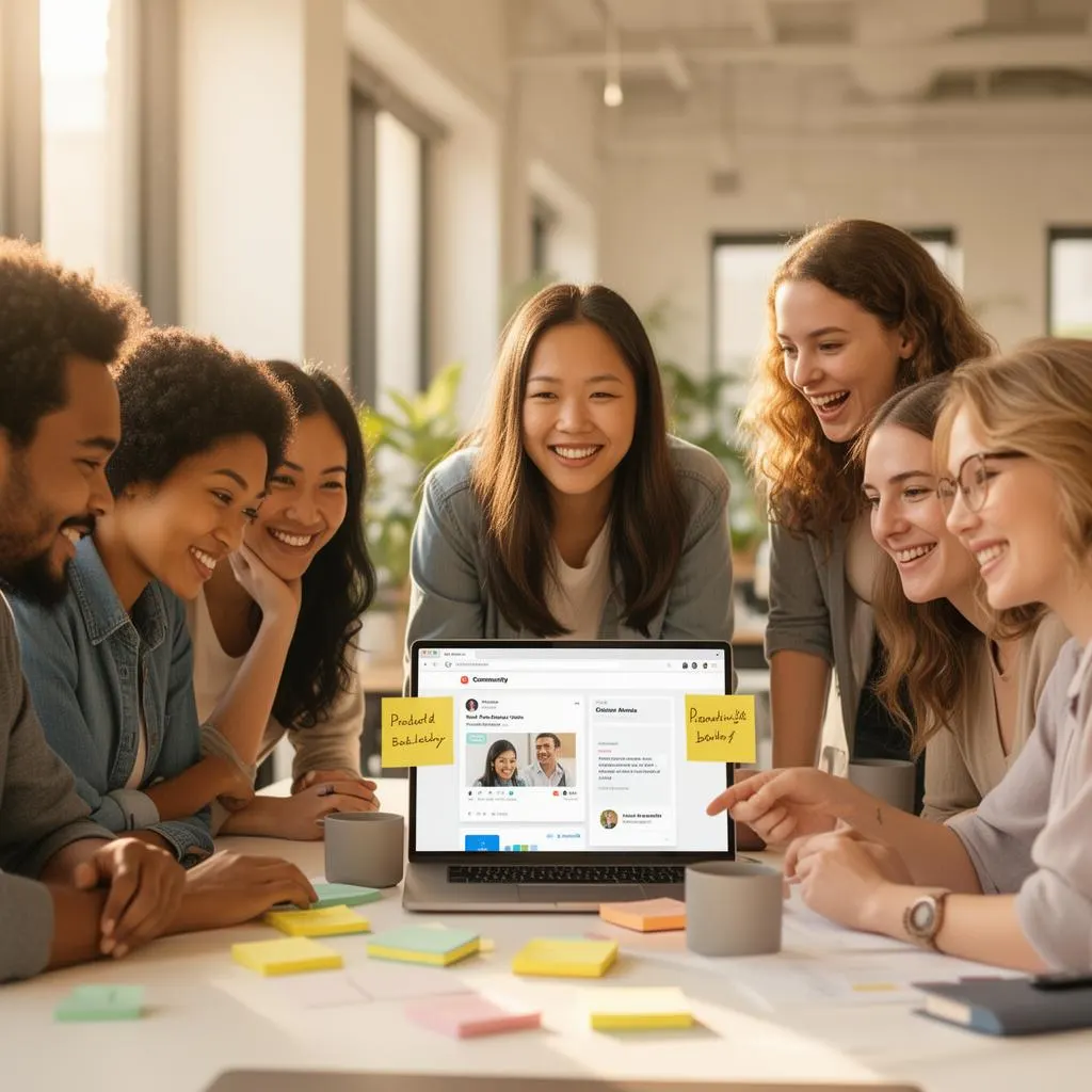 A group of people planning together around a laptop and sticky notes